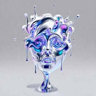 The primary subject of the image is a silver sculpture of a head, which appears to be made of metal. The setting is a gray background, which provides a contrasting backdrop for the sculpture. The visual style of the image is a combination of digital art and illustration, as the head is depicted in a three-dimensional manner. The colors and mood of the image are predominantly silver and gray, giving it a modern and minimalist appearance.